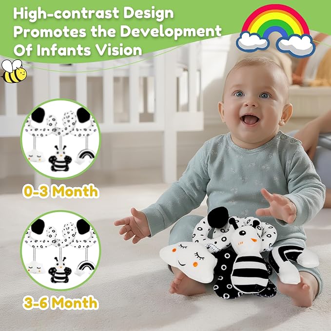 kizh Baby Hanging Stroller and Car Seat Toys High Contrast Baby Toys for Newborn Black and White Sensory Plush Activity Toys for Babies 0-6 Months-BEE