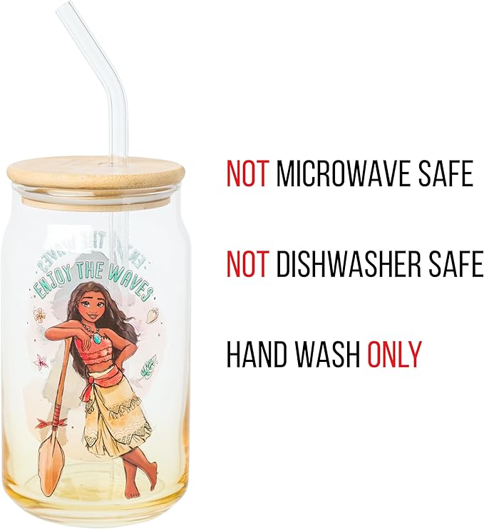 Silver Buffalo Disney Moana “Enjoy The Waves” Glass Tumbler with Bamboo Lid and Glass Straw, 16 Ounces