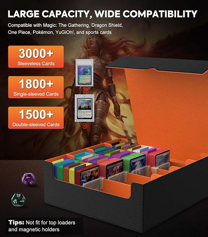 MoKo Trading Card Storage Box, 3000+ MTG Deck Box with 24 Colorful Dividers & 4 Card Supporters, Commander Card Deck Case Fits for Magic Game Cards, YugiOh, TCG, PTG and Sport Cards, Orange