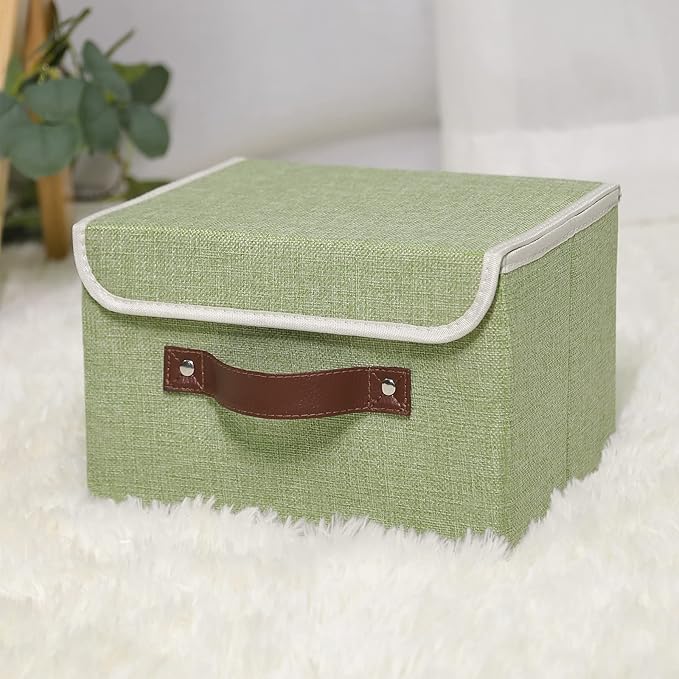 ANMINY Fabric Storage Box Bins with Lids, Green, 15"x10"x10", 4 Pack | Keepsake Memory Storage, Cotton Linen, PP Board Reinforced, Washable, PU Handles, Foldable & Stackable, Decorative, Large
