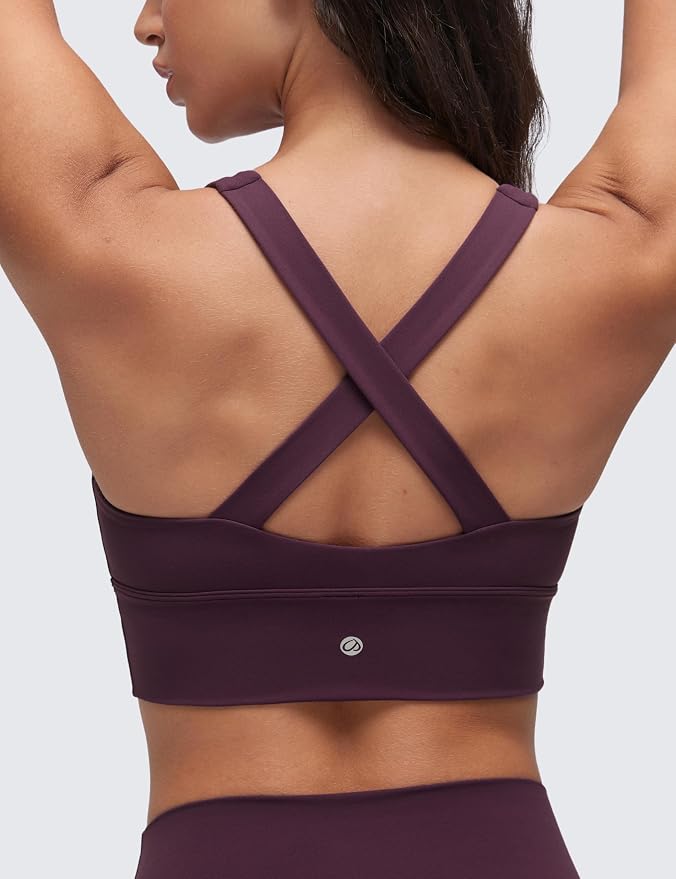 CRZ YOGA Butterluxe Ruched Longline Sports Bras for Women - V Neck Padded Yoga Tank Wide Straps Cross Back Crop Tops
