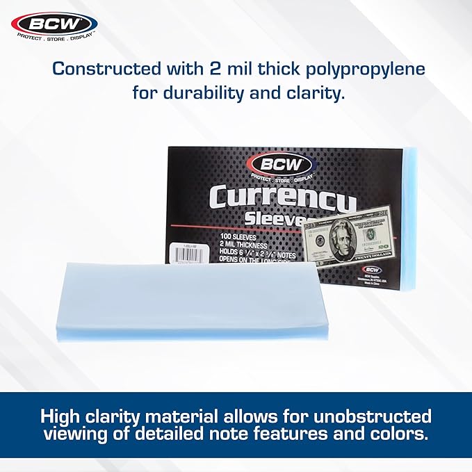BCW Regular Bill Currency Sleeves – 100 Pack | Thin, Low-Bulk, Acid-Free Polypropylene Sleeves for US Paper Currency | Clear Protective Sleeves for Handling