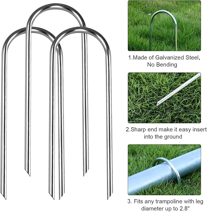 12inch Trampolines Wind Stakes Heavy Duty U Type Sharp Ends Safety Ground Anchor Galvanized Steel for Soccer Goals, Camping Tents and Huge Garden Decoration (Wind Stakes 4pcs)