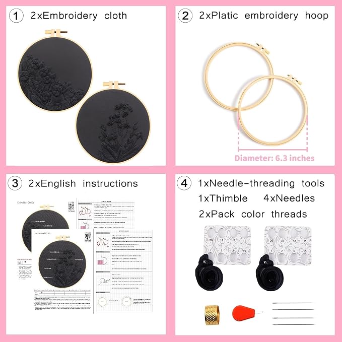 Armindou Black Flowers Embroidery Kits for Beginners Adults, Floral Hand Embroidery Set Needlepoint DIY Kit, Stamped Cross Stitch Kits for Beginners Adult, 2 Embroidery Hoops (Attached Video Tutorial)