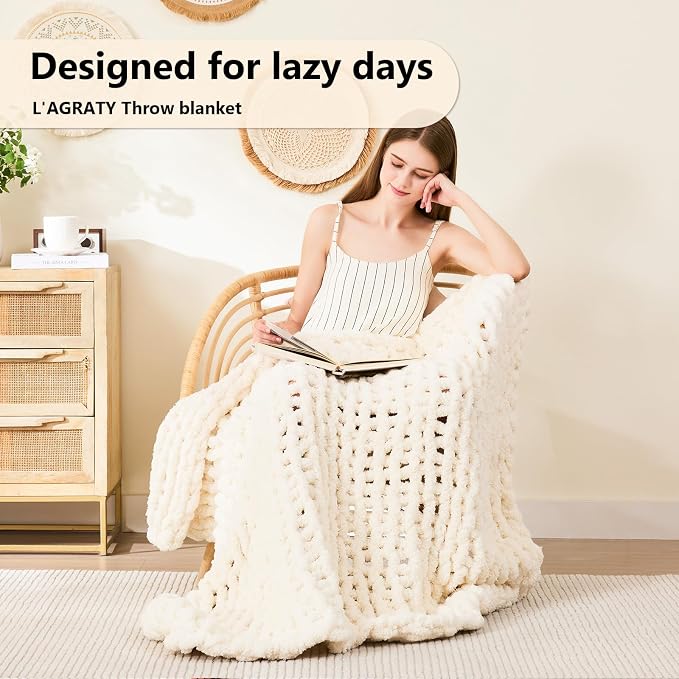 L'AGRATY Chunky Knit Throw Blanket for Couch, 40'' x 50'' Knit Throw, Ivory | Handmade Chenille Crochet Blanket for Sofa Bed, Thick Cable Knitted Blankets for Room Home Decor, Birthday Gift for Women Mom