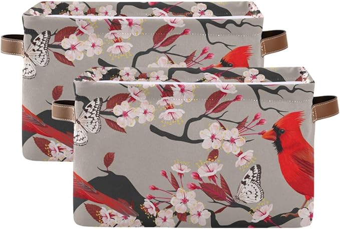 Aslsiy Storage Basket Cardinal Blooming Cherry Nursery Bins Butterfly Baby Box Canvas Clothes Shelf Basket Laundry Hamper Gift Basket for Home Closet 1 Pcs