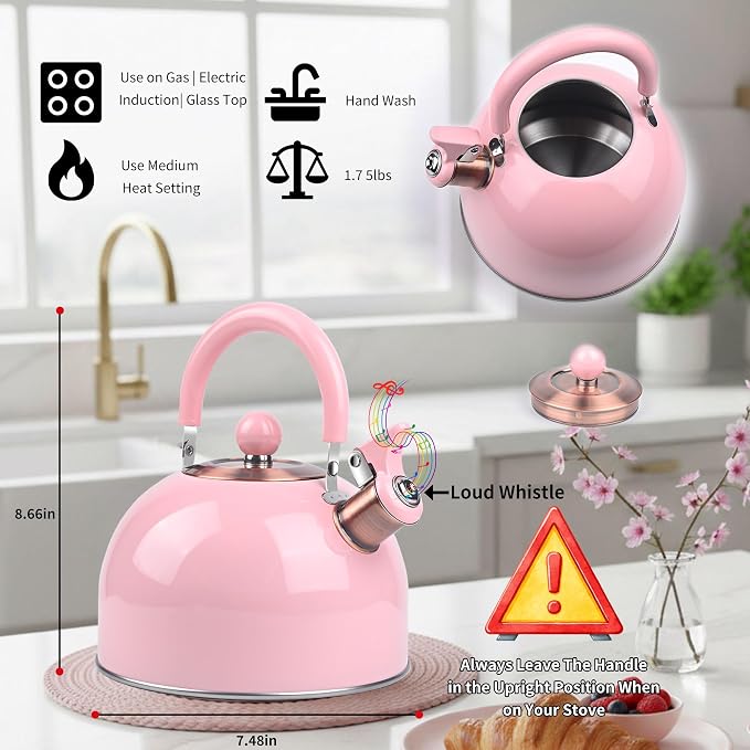 2.6 Quart Pink Whistling Tea Kettle for Stovetop, Stainless Steel Teapot with Cool-Touch Handle, Loud Whistle, Wide Base, Induction Compatible for Gas Electric Glass Cooktops