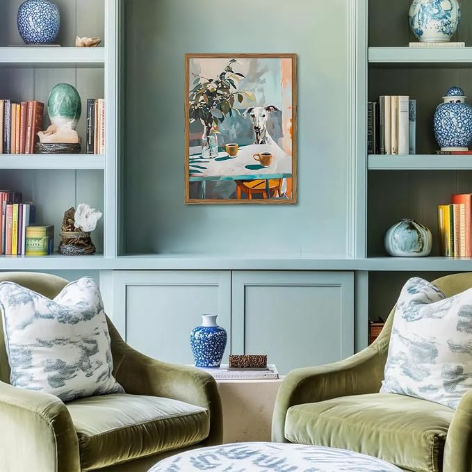 Funny Dog Wall Art, Whimsical Whippet Wall Decor Painting Cute Greyhound Poster Canvas Print Animal Artwork for Dining Room Kitchen Living Room 16x24 inch Wood Framed