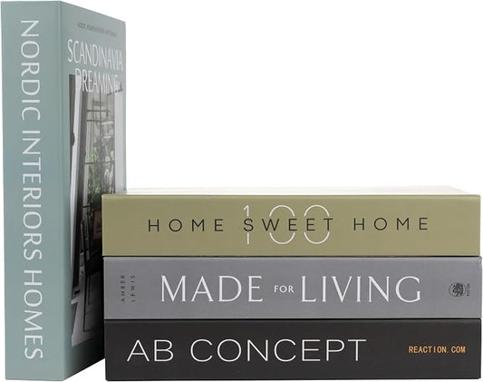 4 Pcs Decorative Books | Faux Olive Coffee Table & Shelf Decor | Earthy Botanical Look for Living Room, Office and Entryway - Not Real, Tool-Free 2-Min Setup
