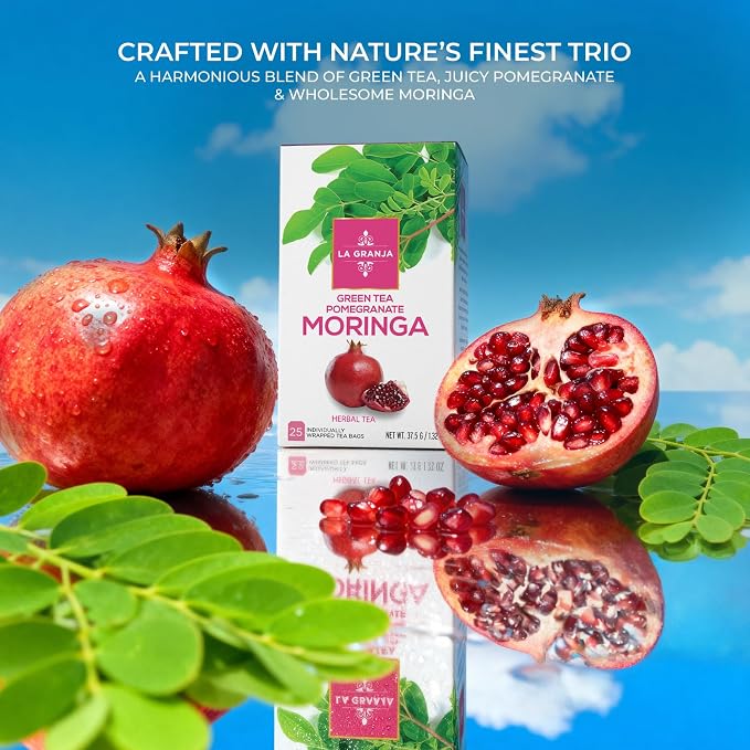 Life Plus Style Gourmet La Granja Green Tea Pomegranate Moringa Tea 25 Individually Wrapped Tea Bags Green Tea with Moringa Hibiscus and Pomegranate Herbal Blend