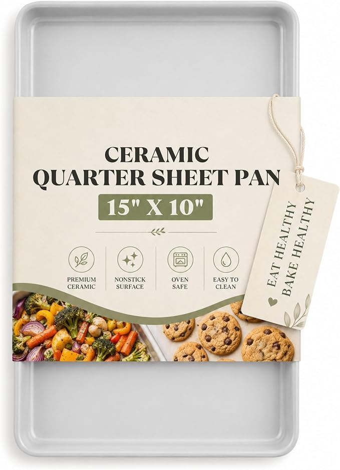 Boxiki Kitchen Ceramic Baking Sheet 15" x 10" Quarter Sheet Pan - KFCC Korean Ceramic Nonstick Cookie Sheet, Heavy Duty Aluminized Steel Baking Tray, Oven Safe to 550°F, For Cookies & Vegetables