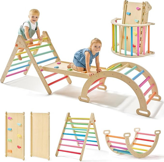 Tiny Land Pikler Triangle Set, 7-in-1 Foldable Pikler Triangle Climbing Toys Set for Kids,Baby Indoor Playground Jungle Gym, Wooden Montessori Climbing Set for Toddler (Rainbow)