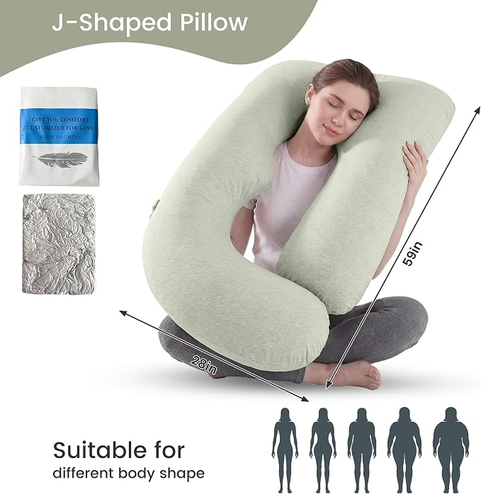 Jcickt Pregnancy Pillow for Sleeping,59 inch Maternity Pillow with Removable Washable Cover,J-Shaped Cooling Full Body Pregnant Pillow -Support for Backs,Legs, Belly, HIPS, Improve Sleep -Pea Green