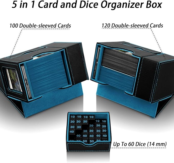 MTG Deck Box for Commander Display with Dice Tower, Fits 100 Double Sleeved Cards for TCG/PTCG, Cards Storage Case with Dice Tray and 35PT Magnetic Card Holder (Black/Cyan)