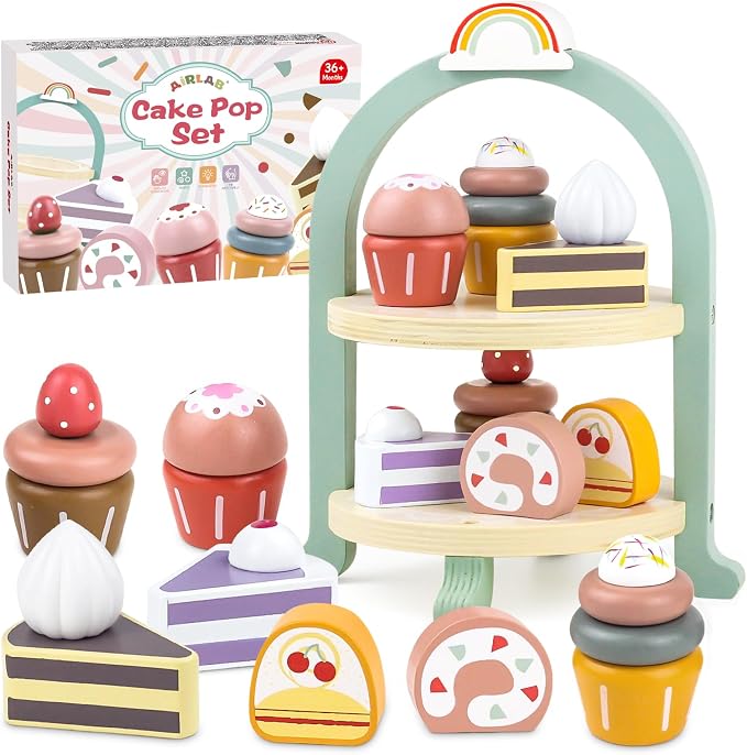 Wooden Cake Toys Tea Party Set, Desserts Food Toy with Cupcake Stand, Kids Pretend Play Kitchen Accessories, Wooden Play Food Set Toy Baking Gift for 3 4 5 Years Old Girls Boys