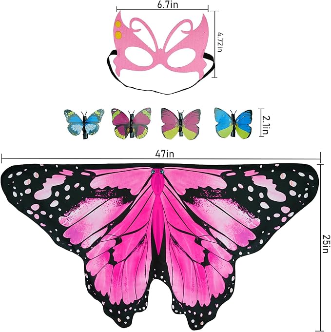 Kids Butterfly Wings Costume Girls Fairy-Wings Toddler Dress Up Play Costumes Butterfly Hair Clip Mask Party Favors (Pink Sets)