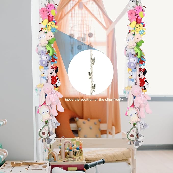 1 Pcs Cotton Stuffed Animal Storage Chain with 20pcs Metal Clips for Hanging Small Plush 80inch Wall Organizer Stuffed Animals Storage Holder for Hanging Nursery Play Room Wall Door (1Pcs White)