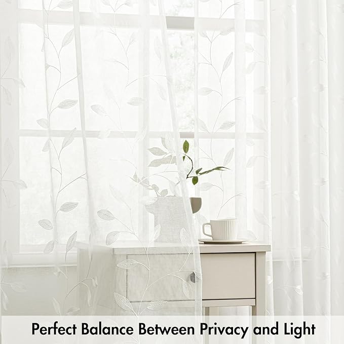 MIULEE Ivory Sheer Curtains 2 Panels Embroidered Leaf Patterned Rod Pocket Floral Semi Sheer Faux Linen Window Curtains Drapes Set for Living Room Bedroom Dining Room, 52x96 Inches Long