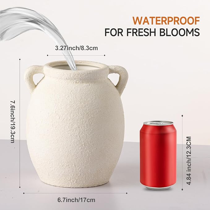 Dobbyby Ceramic Flower Vase 7.6 inch Farmhouse Rustic Vase Decorative Pottery Terracotta Vases for Home Decor Table Mantle Fireplace Living Room Bathroom Wedding Centerpiece (White-Upgraded)