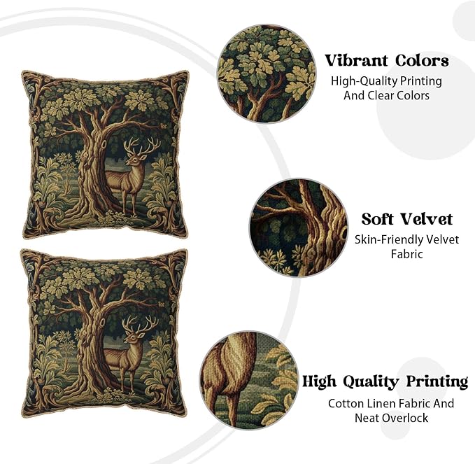 Vintage Green Deer Tree Velvet Pillow Covers 18x18 Inch Retro Reindeer Forest Throw Pillows for Couch Cushion Covers Pillowcase Boho Animal Farmhouse Pillow Cases for Sofa Bed Bedroom