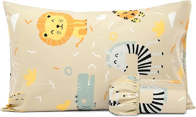 Salt Earth 100% Cotton 210TC Kids Bedsheet, Twin Fitted Sheet, Toddler Bed, 2 Piece Bedding Set- 1 Fitted Sheet and 1 Pillowcase, Themed Toddler Bed Sheets, Cute Sheets for Kids Bed (Summerland)