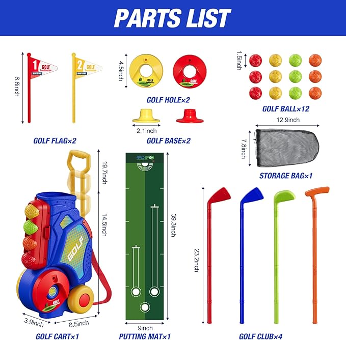 Toddler Golf Set 2-4 Years, Upgraded Kids Plastic Golf Clubs with 12 Balls, Putting Mat, Shoulder Strap, Indoor Outdoor Game Sport Toys Gift for Baby Boys Girls Age 3-5, Blue