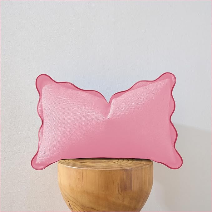 Scalloped Throw Pillow Covers | Decorative Couch Pillows | Boho Sytle for Living Room | for Valentines Day (Pink, 12x20 Inch)
