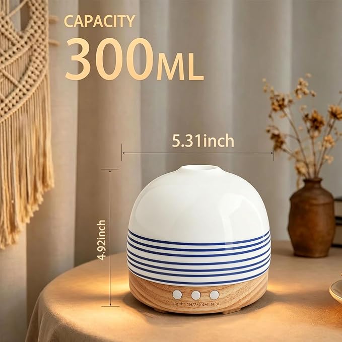 300ML Essential Oil Diffuser, Handcrafted Ceramic Aromatherapy Diffusers for Large Home with Cool Mist Humidifier & Night Light for Bedroom, Office, Yoga, Spa Women Gifts,Blue Stripe