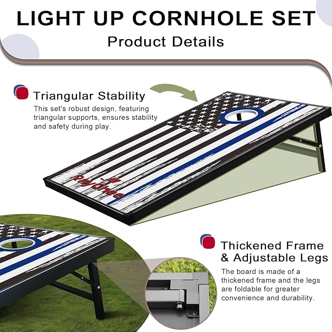 LED Cornhole Set, 3 x 2ft / 4 x2 ft Cornhole Board Game Set, Corn Hole Outdoor Game, Multi-Design with Light-Up Border, 8 Bean Bags, Carrying Case for Backyard, Beach, Lawn