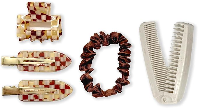 Bonks GoGo Kit - Hair Care Kit Espresso - Portable Hair Accessories Pouch for Women & Teens - Includes Mini Claw Clip, Seamless Hair Pins, Silky Hair Tie & Folding Comb - Compact Travel Essential