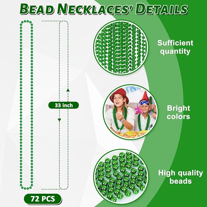 72PCS Green Bead Necklace, Mardi Gras Beads Necklace Accessories Bulk, Mardi Gras Xmas Necklaces, Parade Throw Accessories for Wedding Birthday Mardi Gras St. Patricks Christmas Decorations