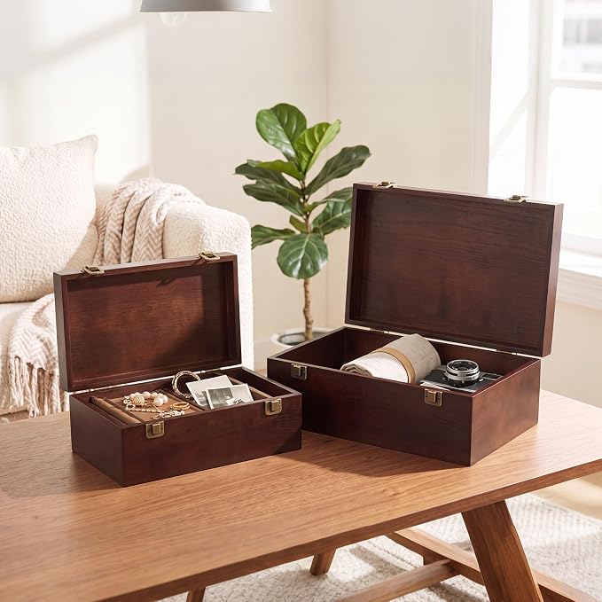 Sliner 2 Pcs Wooden Decorative Storage Boxes with Lids Vintage Wood Organizer Bins for Your Bookshelf Home Decor Safely Store Photos Documents Memory Jewelry Craft Storage (Dark Brown,S M Size)
