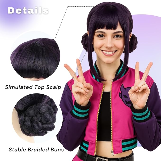morvally Short Black Purple Wig with 2 Buns for Women Anime Cosplay Synthetic Hair Wigs for Halloween Costume Party (Black Purple, Adults)
