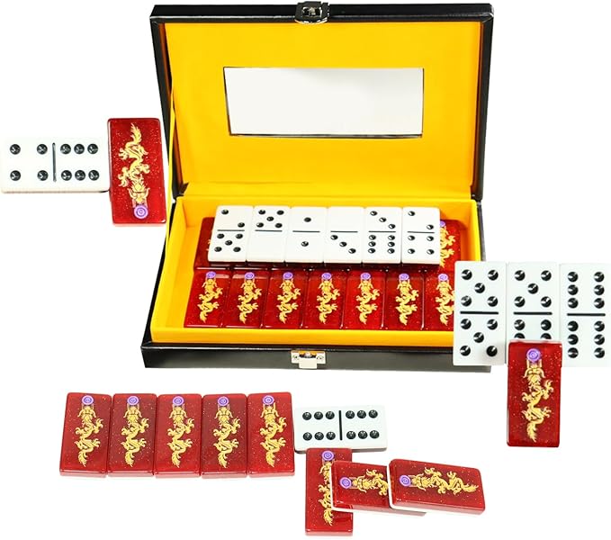 IDTQ Double Six Dominoes, 28 Tile Colored Dots Domino Game Set with Upscale Gift Boxes, Adults and Families for 2-4 Players, Classic Numbers Table Games (Dragon)