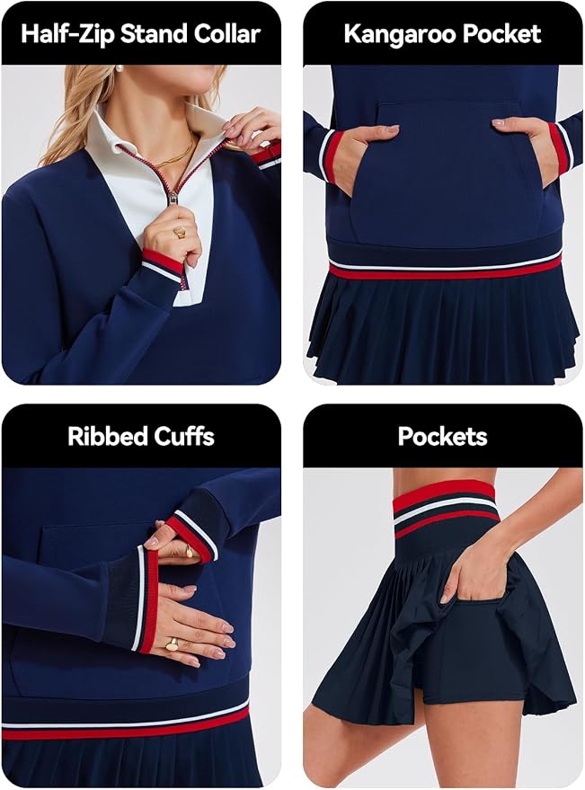 Airfree Women Two Piece Tennis Skirt Set Golf Outfits Half Zip Oversize Pullover Sweatshirt 2 Piece Skirt Sets with Pockets