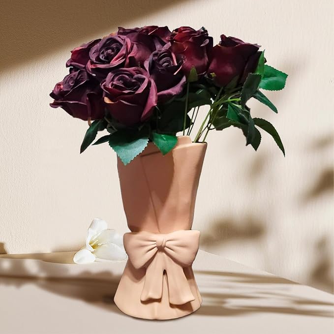 Relexome Beige Ceramic Bow Vase 9.64 in Unique Cute Modern Decorative Bouquet Flower Vases for Home Living Room Table Decor Women Girl Gifts