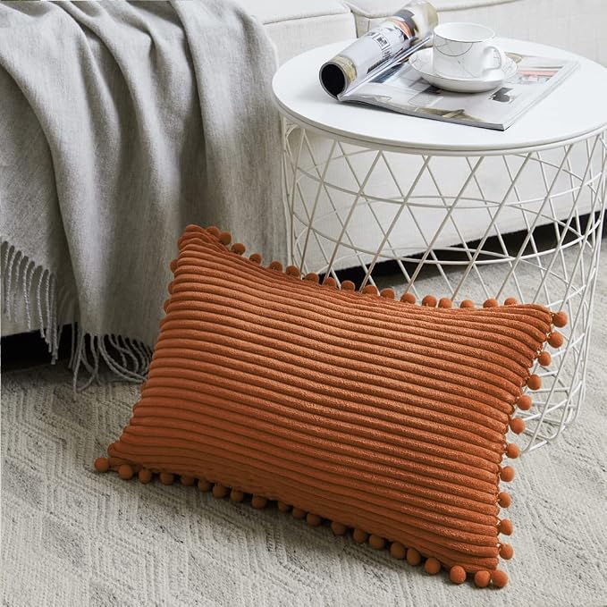 Fancy Homi 2 Pack Rust Lumbar Decorative Throw Pillow Covers 12x24 Inch with Pom-poms for Living Room Couch Bedroom, Soft Corduroy Solid Rectangle Cushion Case 30x60 cm, Rustic Farmhouse Home Decor