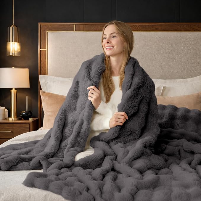 Cozy Bliss Faux Fur Bubble Throw for Couch, Fuzzy Soft Plush Thick Blanket for Sofa Bedroom Living Room, 60x80 Inches Charcoal Grey