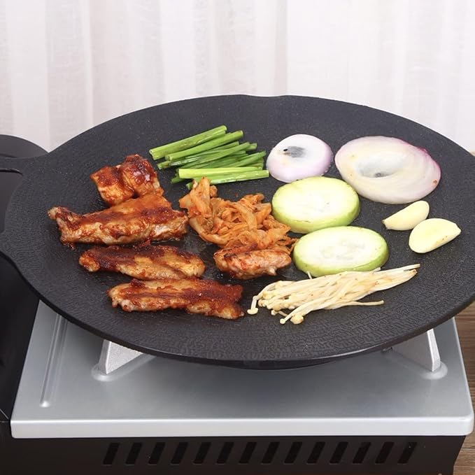 VBESTLIFE Korean Grill Pan, Double Handle Non Stick 6 Layer Coating Aluminum Alloy Gas Cooker Round BBQ Griddle for Outdoor Camping
