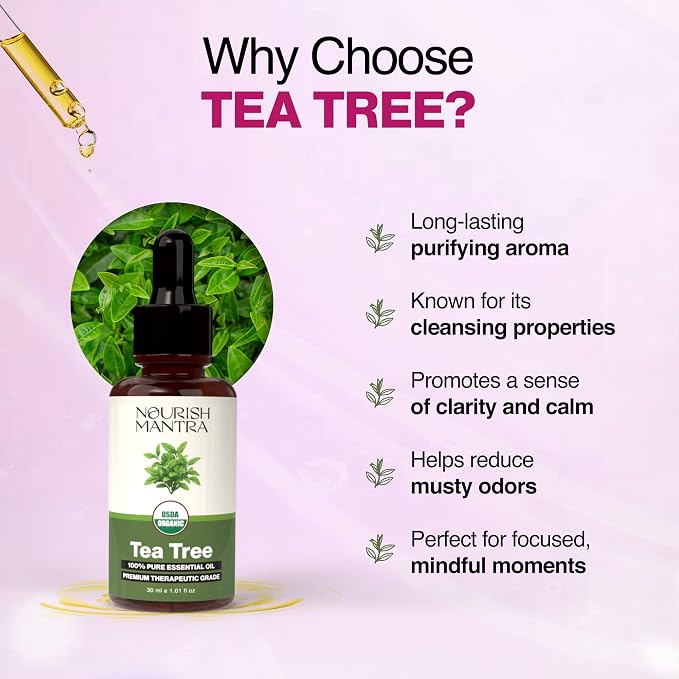 Nourish Mantra Organic Tea Tree Essential Oil for Massage, Aromatherapy & Skin|100% Pure, USDA Certified Organic Tea Tree Essential Oil | Perfect for Diffuser, Home & Car
