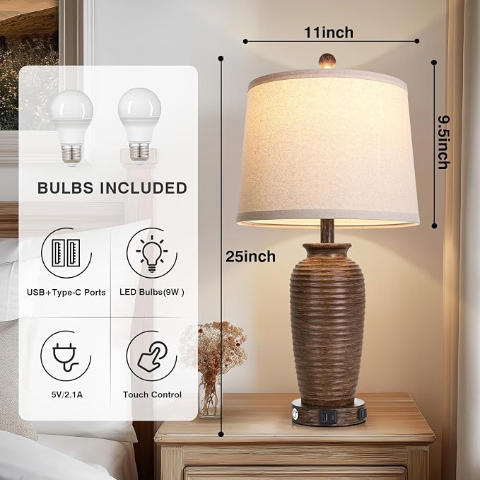 CINSARY 25" Retro Walnut Brown Farmhouse Jar Table Lamps Set of 2, 3 Way Touch Control Rustic Bedside Lamps with USB A+C Ports & AC Outlet, Pot Nightstand Lamps for Bedroom Living Room