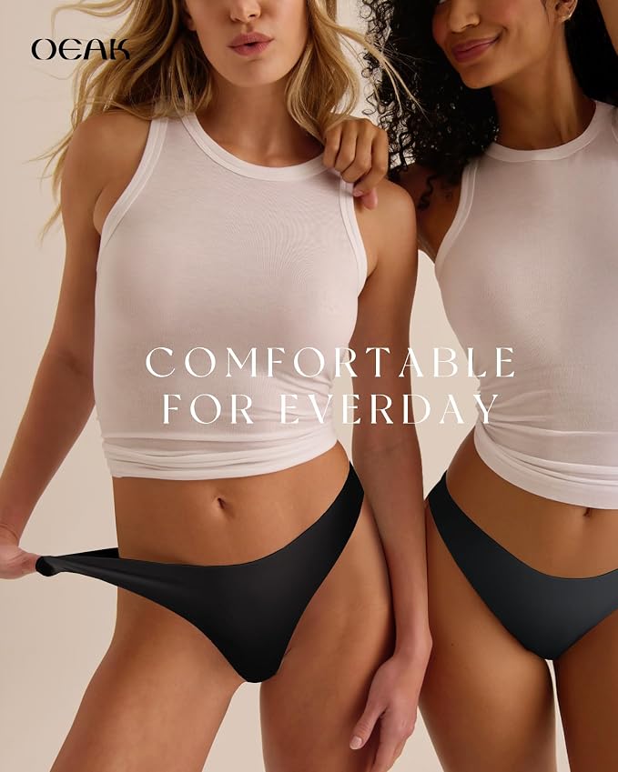 OEAK Seamless Thongs for Women Invisible Thongs No Show Thong Panty Liners Tangas Comfortable Workout G-Strings Underwear Black L