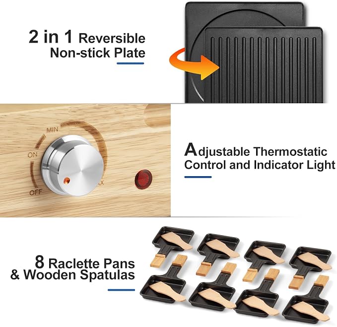 Indoor Grill, CUSIMAX Raclette Table Grill 1500W Electric Grill Korean BBQ | 2in1 Reversible Non-stick Plate/Temperature Adjustable/8 Trays & Wooden Spatulas/Double-layer Design/Sturdy Wooden Base