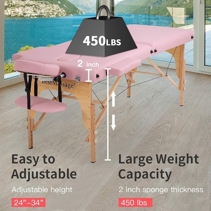 BestMassage Massage Bed Portable Massage Table 2 Folding Lash Bed Height Adjustable 28 Inch Wide Spa Table PU Leather with Non-Woven Bag for Spa Footmassage Facial CareSpa Tattoo
