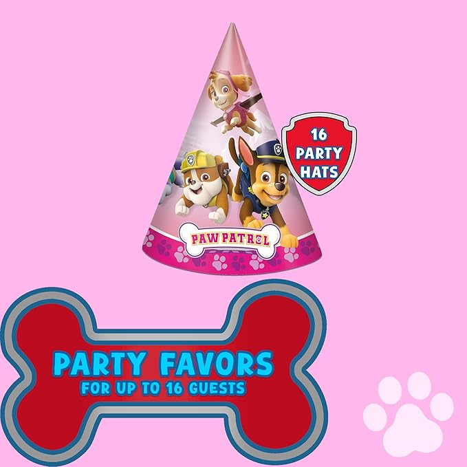 Unique Paw Patrol Girl Party Hats 16 Party Hats with Celebrate With Me Sticker | Kids Birthday Party Supplies
