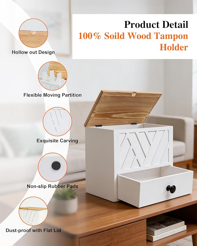 Tampon Holder for Bathroom Decor Feminine Product Organizer With Lid & Drawer Shark Week Box Girl Stuff (1, WHITE)