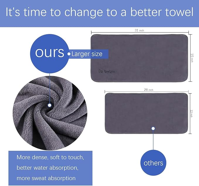 Microfiber Gym Towels Bigger Size Super Soft for Exercise Fitness, Sports, Workout, 380-GSM 15-Inch x 31-Inch Quick-Drying Towels (3 Pack, Pure Grey+Blue+Purple)
