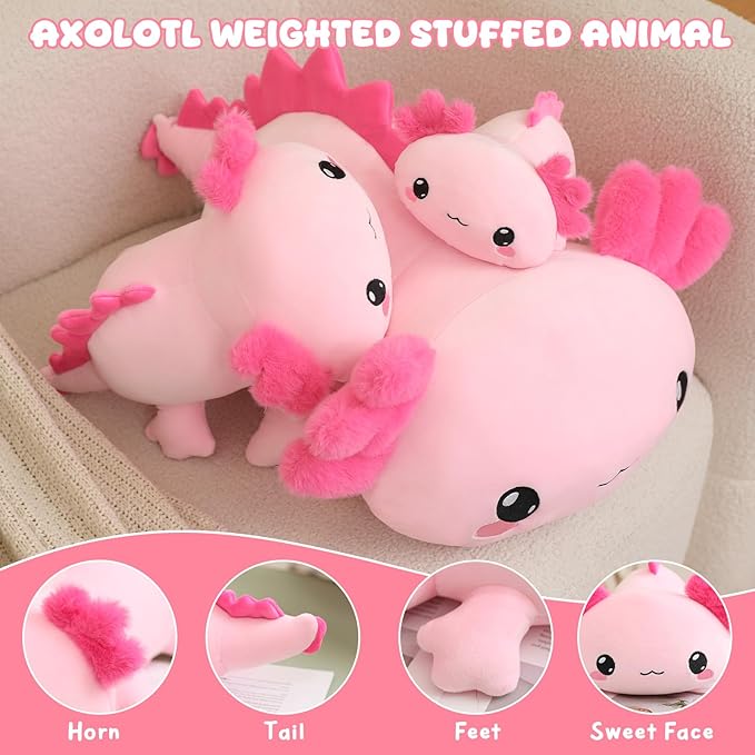 Weighted Stuffed Animals, 1.6 lbs Axoltol Stuffed Animal with Weighted Beads, Cute Plush Toy Pillow Gifts for Adults Kids Boys Girls