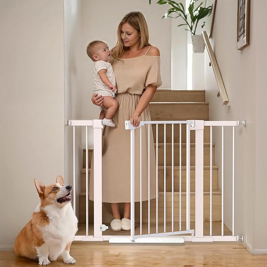 Mumeasy 29.6-46" Baby Gate for Stairs, Pressure Mounted Dog Gate for Doorways, Auto Close Pet Gate for Indoor Use, Extra Wide Child Gate with Walk Thru Door White, Mom's Choice Awards Winner