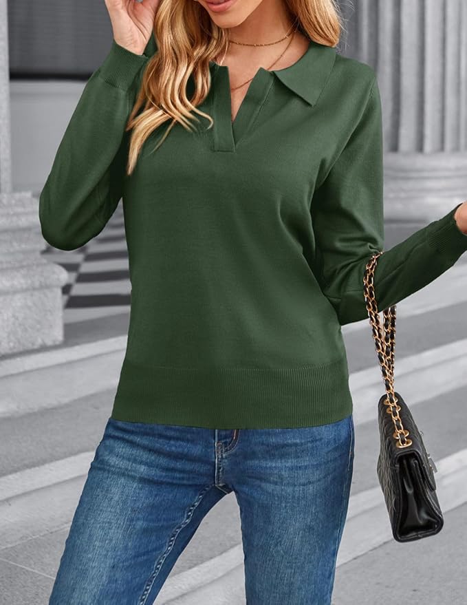 Women's Long Sleeve Classic V Neck Casual Fall Winter Polo Sweater Tops | Basic Collared Knitted Fashion Work Business Formal Daily Wear Versatile Pullover Shirts